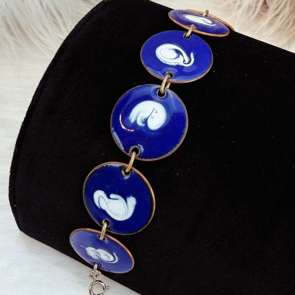 Vintage Cobalt Blue Abstract Disc Bracelet White Motif Articulated Statement
